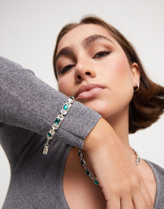 Pulsera de plata de ley con cristales verdes, Plateado, large